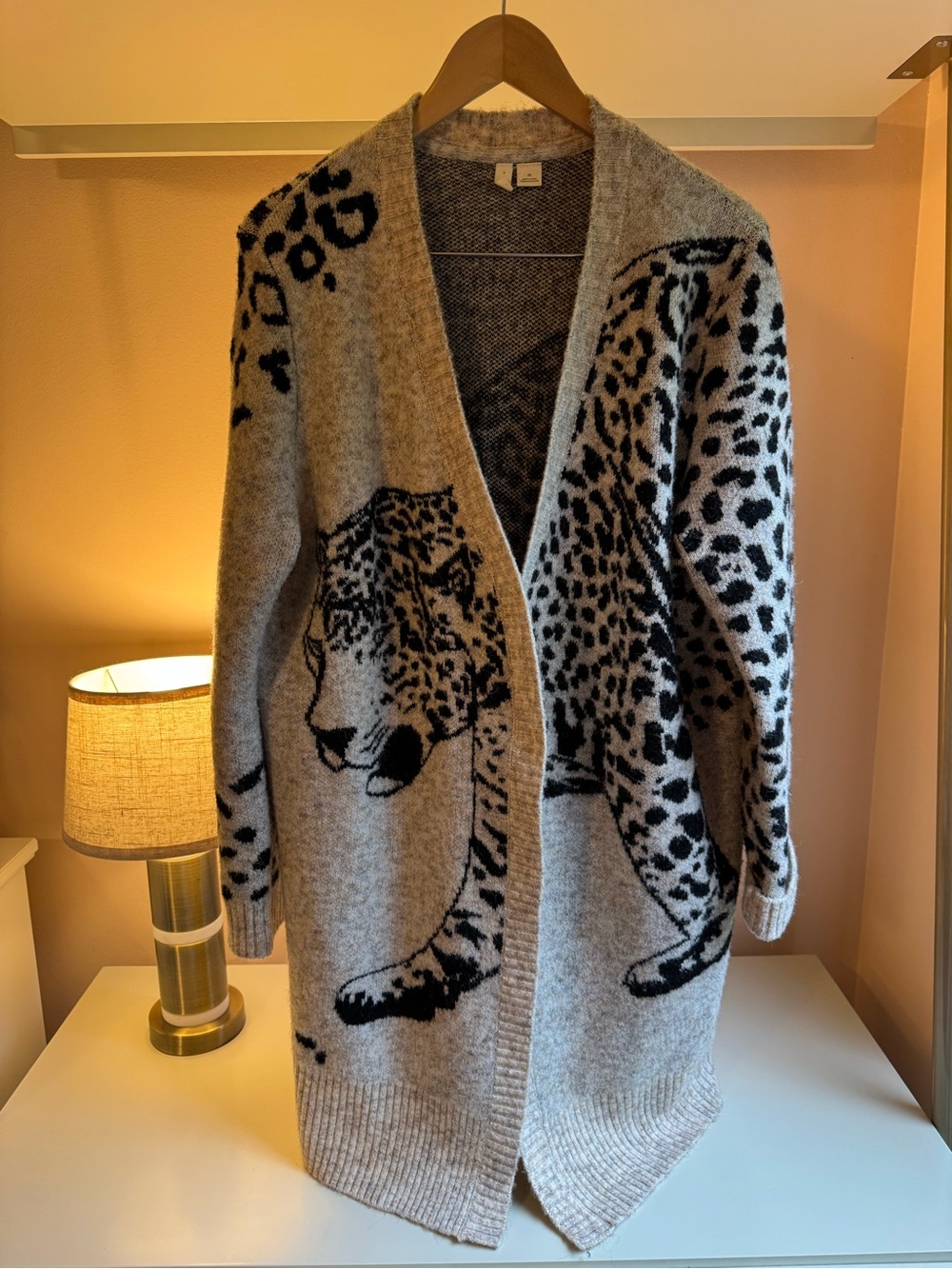 Moth for Anthropologie Cozy Gray Leopard-Print Open Cardigan Sweater